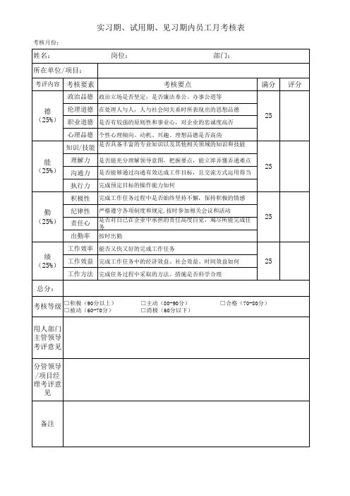 学生实习生考核表