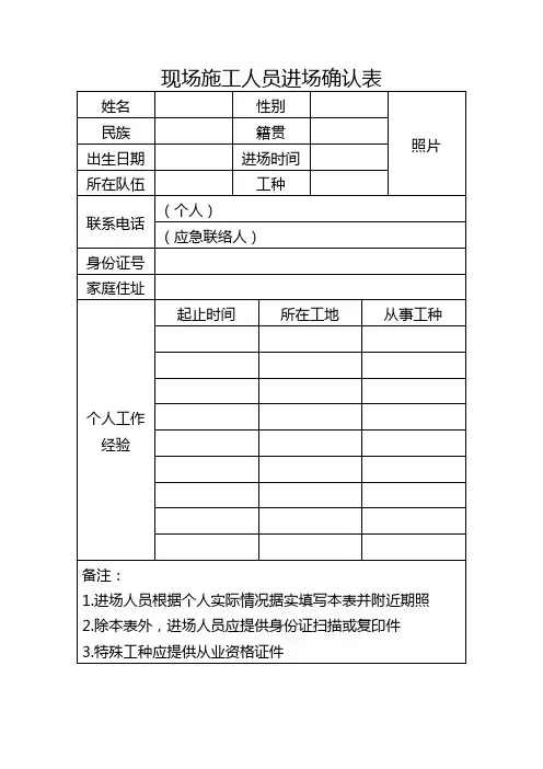现场施工人员进场确认表