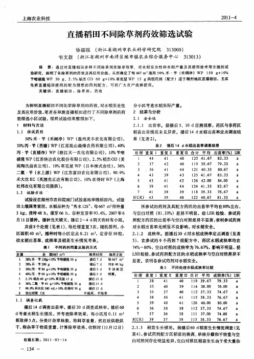 直播稻田不同除草剂药效筛选试验