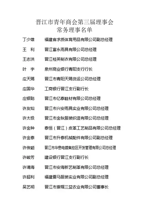 晋江市青年商会第三届理事会常务理事名单