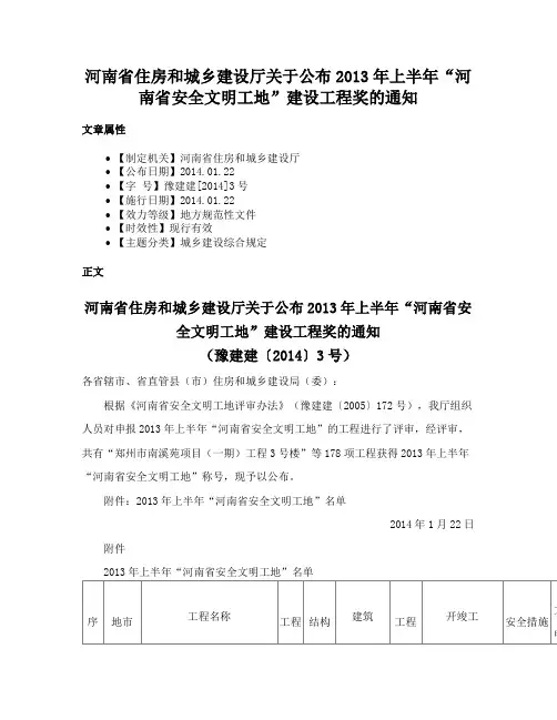 河南省住房和城乡建设厅关于公布2013年上半年“河南省安全文明工地”建设工程奖的通知