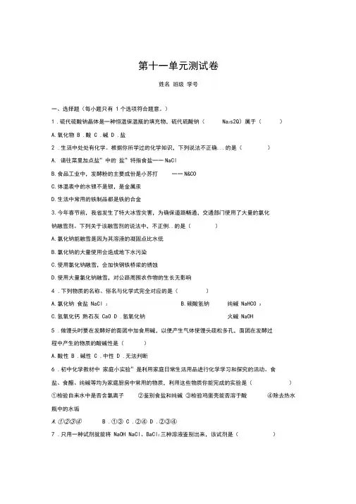 人教版九年级化学第11单元测试卷含答案