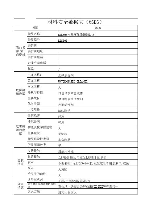水基环保除锈清洗剂物料安全数据表(MSDS)