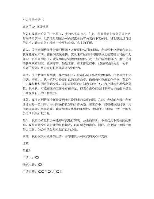 个人澄清申请书范文模板