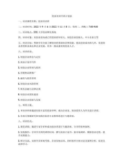 创业培训开班计划表
