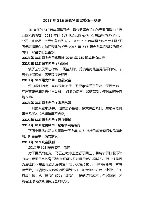 2018年315曝光名单完整版一览表