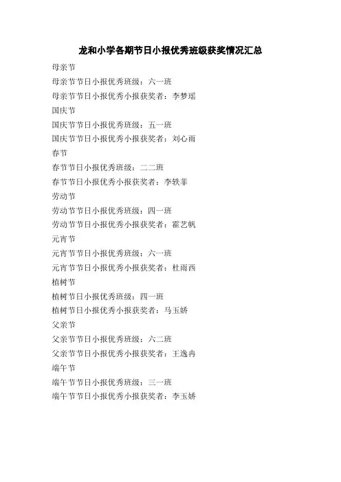 龙和小学各期节日小报优秀班级获奖情况汇总