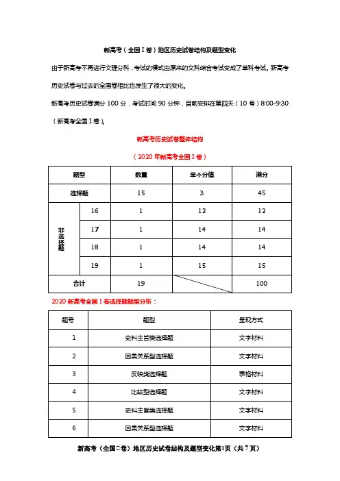 新高考(全国Ⅰ卷)历史考试试卷结构及题型变化