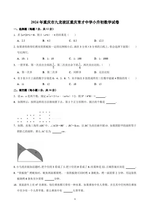 2024年重庆市九龙坡区重庆育才中学小升初数学试卷