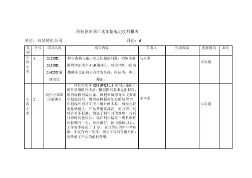 科技创新项目实施情况进度月报表6月份