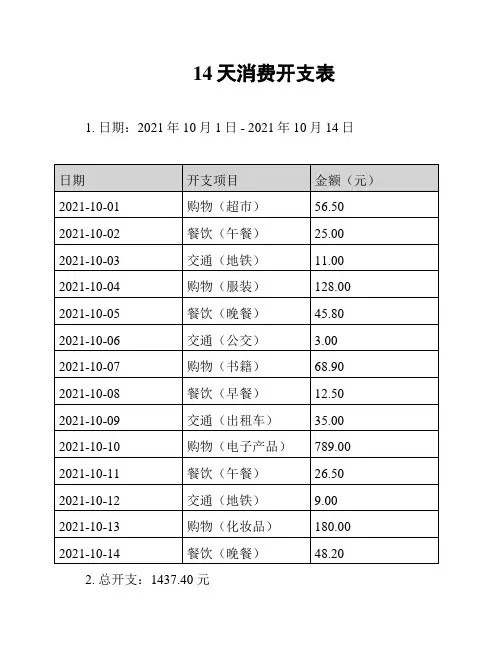 14天消费开支表