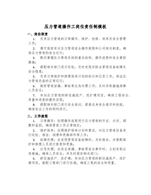 压力管道操作工岗位责任制模板