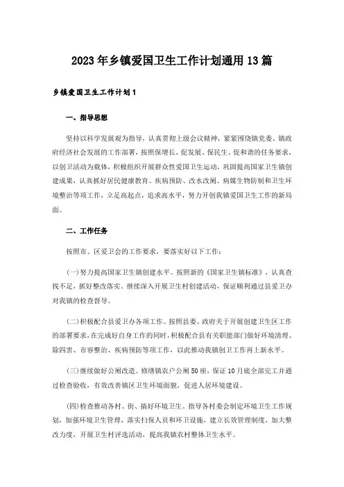 2023年乡镇爱国卫生工作计划通用13篇