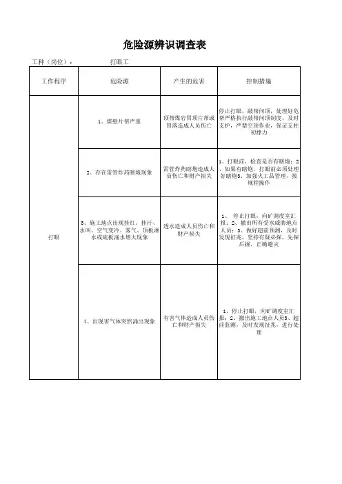 煤矿各岗位危险源辨识调查汇总表