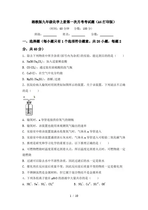 湘教版九年级化学上册第一次月考考试题(A4打印版)