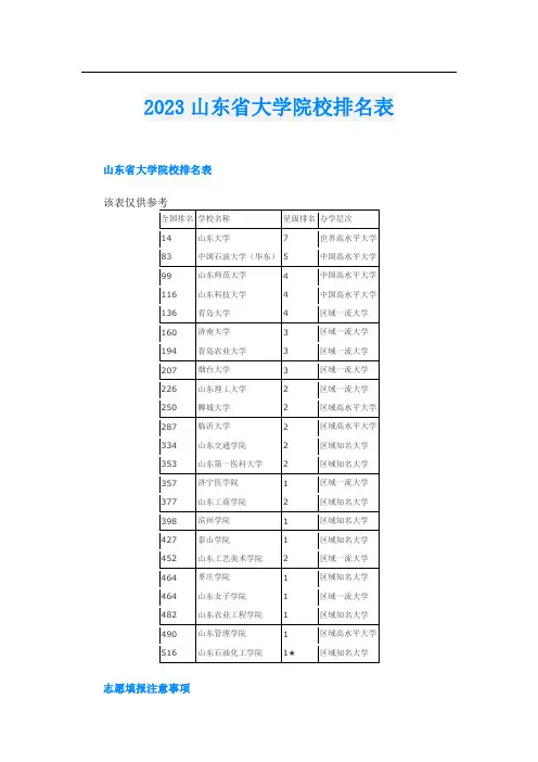 2023山东省大学院校排名表