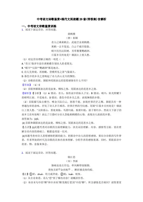 中考语文诗歌鉴赏+现代文阅读题20套(带答案)含解析