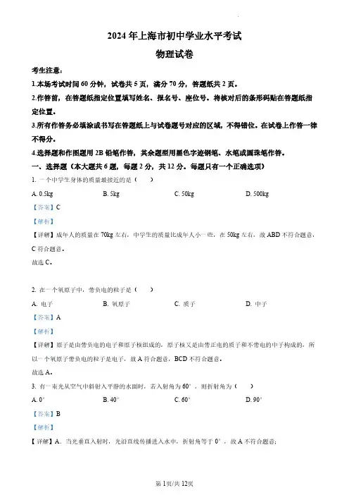 精品解析：2024年上海市中考物理试题(解析版)