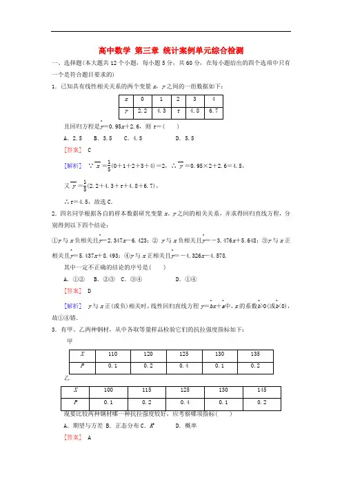 高二数学   第三章 统计案例单元综合检测 新人教A版选修2-3