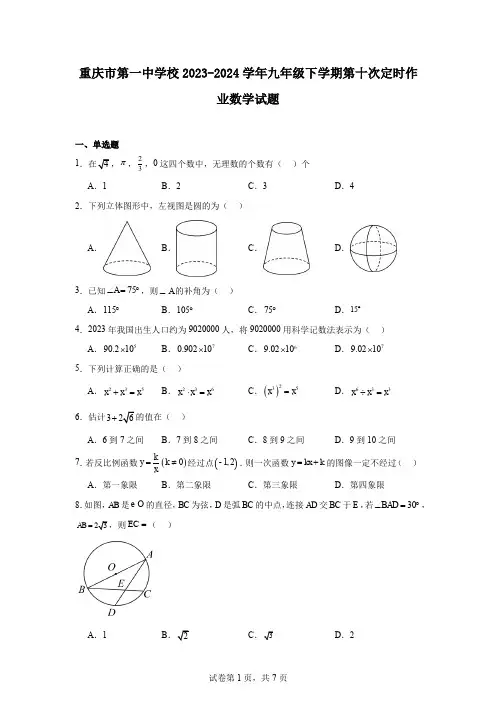重庆市第一中学校2023-2024学年九年级下学期第十次定时作业数学试题