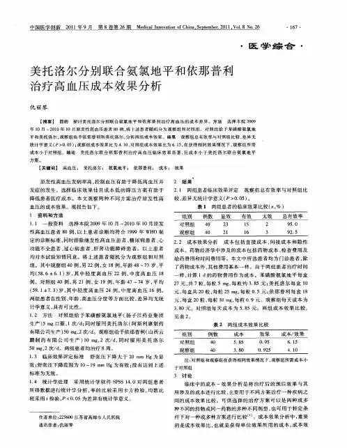 美托洛尔分别联合氨氯地平和依那普利治疗高血压成本效果分析
