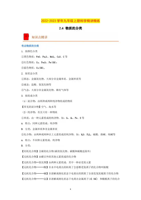 物质的分类(原卷版)-2022-2023学年九年级上册科学精讲精练(浙教版)