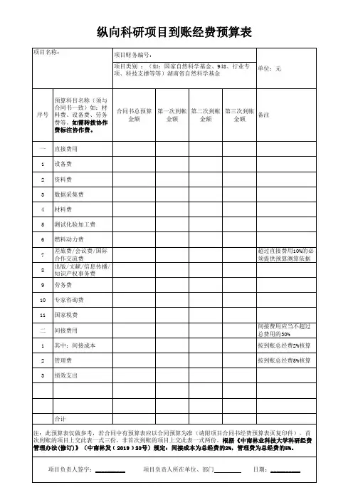 纵向科研项目到账经费预算表(带间接经费)