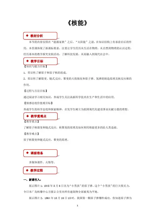 人教版九年级物理全一册教学设计 核能教案