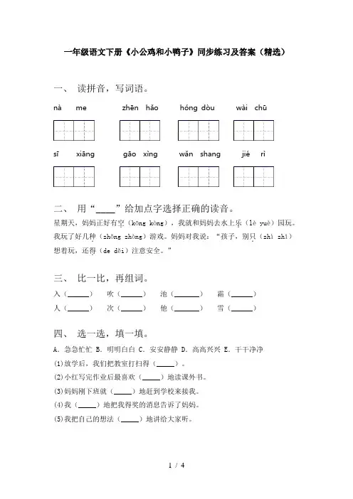 一年级语文下册《小公鸡和小鸭子》同步练习及答案(精选)