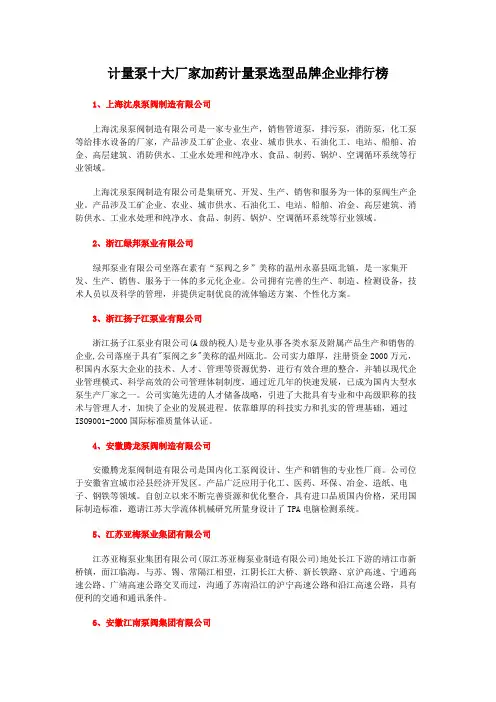 计量泵十大厂家加药计量泵选型品牌企业排行榜