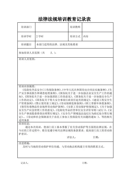 法律法规培训记录表