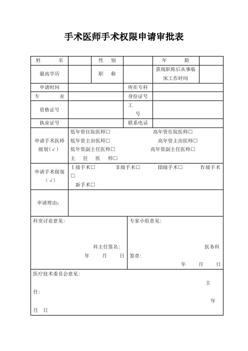 手术权限申请审批表及手术资质授权书【范本模板】
