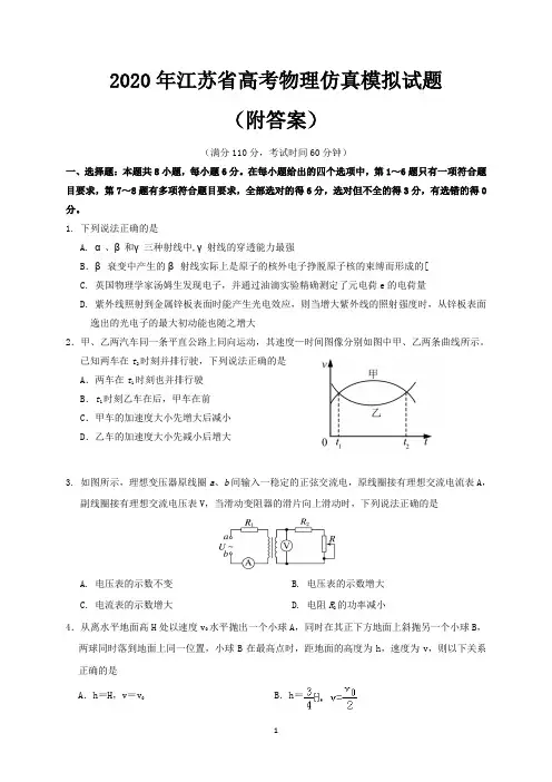 2020年江苏省高考物理仿真模拟试题(附答案)
