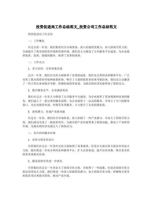 投资促进局工作总结范文_投资公司工作总结范文
