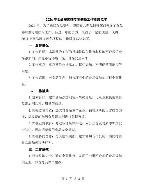 2024年食品添加剂专项整治工作总结范本