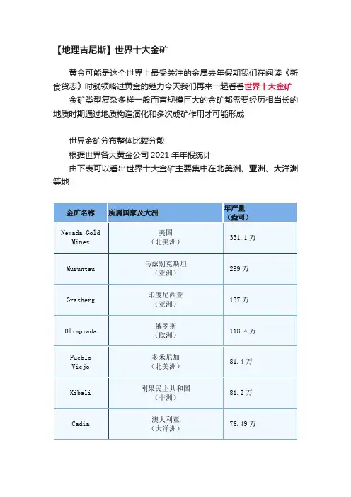 【地理吉尼斯】世界十大金矿