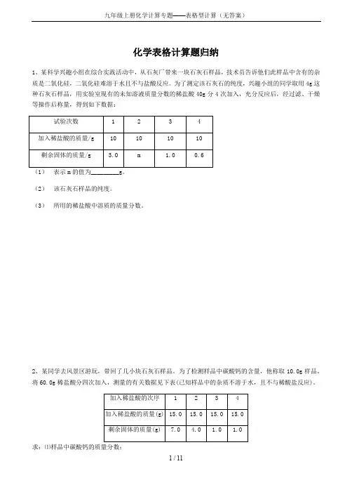 九年级上册化学计算专题——表格型计算(无答案)