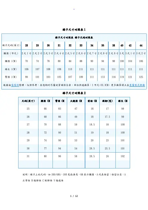 裤子尺码对照表