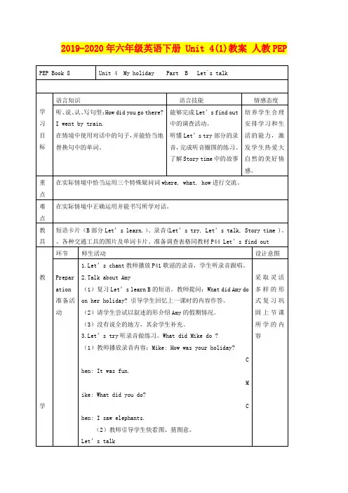 2019-2020年六年级英语下册 Unit 4(1)教案 人教PEP