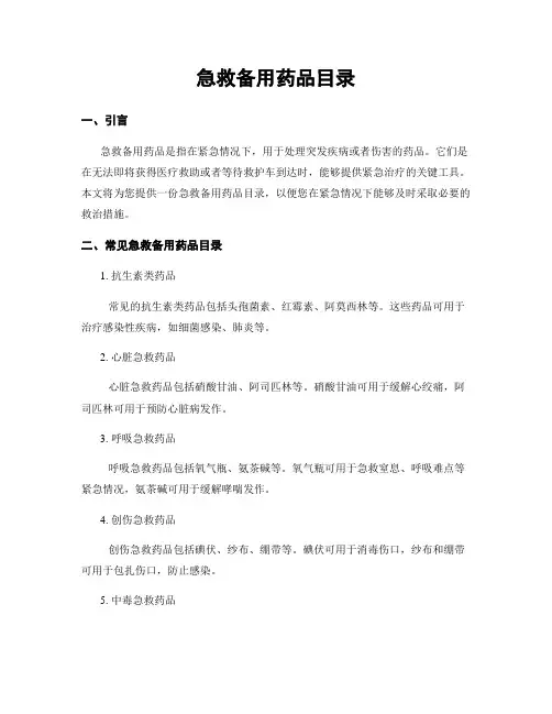 急救备用药品目录