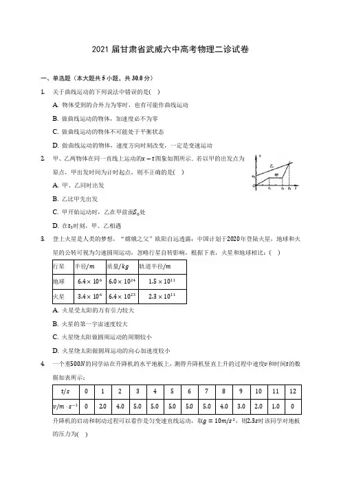 2021届甘肃省武威六中高考物理二诊试卷附答案详解