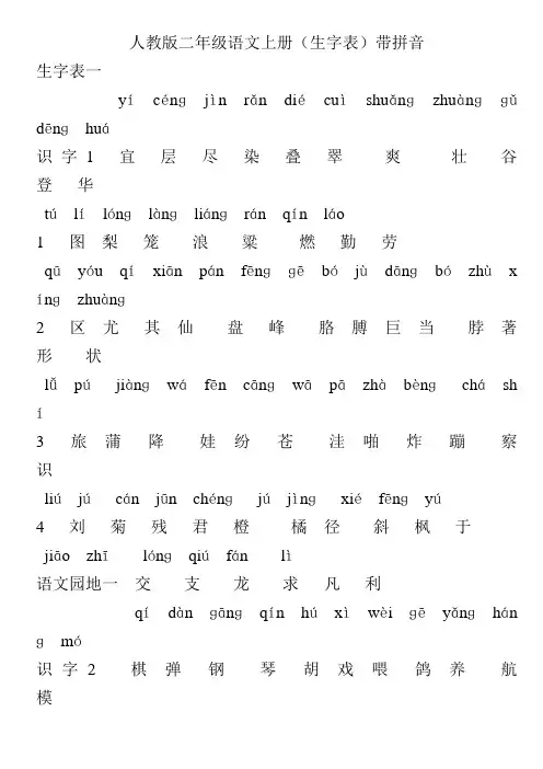 人教版二年级语文上册(生字表)带拼音