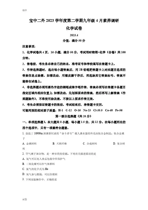 2023深圳市宝安中学第二外语学校中考初三一模化学试题及答案