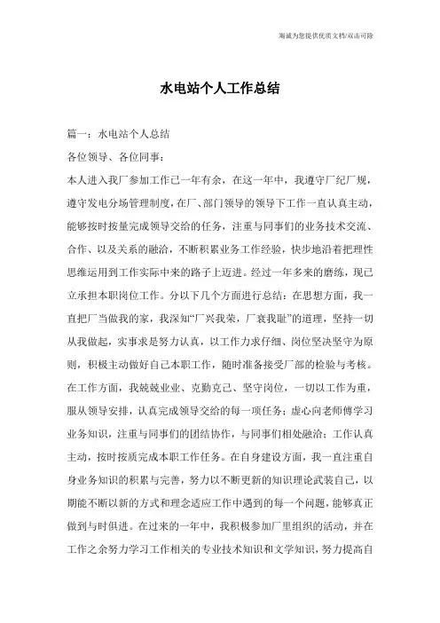 水电站个人工作总结