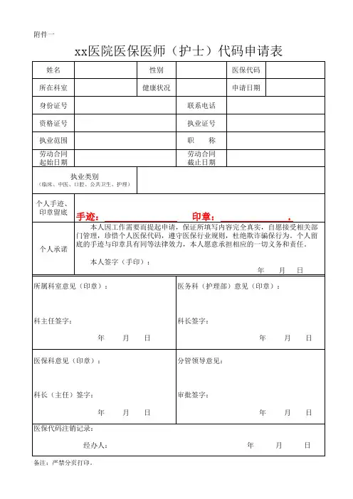 医保医师(护士)代码申请表