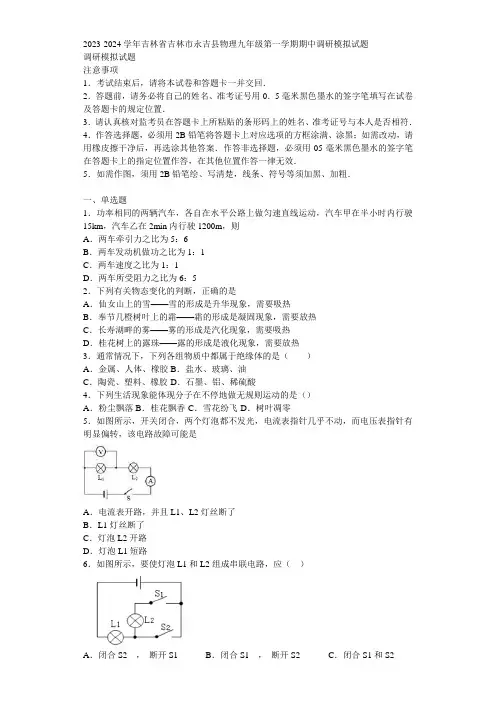 2023-2024学年吉林省吉林市永吉县物理九年级第一学期期中调研模拟试题含解析