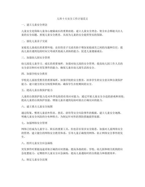 儿科十大安全工作计划范文