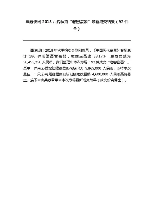 典藏快讯2018西泠秋拍“老窑瓷器”最新成交结果（92件全）