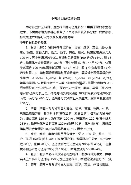 中考科目及各科分数