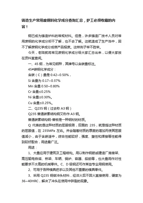 铸造生产常用废钢料化学成分查询汇总，炉工必须收藏的内容！